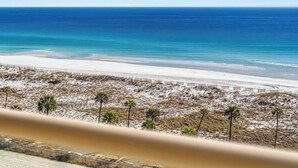 A beach with a fence and palm trees, overlooking the ocean. - Sabine 10D - 𝑺𝒆𝒂𝒈𝒍𝒂𝒔𝒔 𝑯𝒂𝒓𝒃𝒐𝒓 (Pensacola Beach)