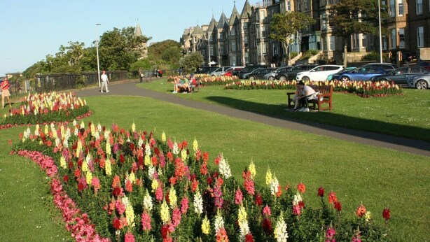 En park med blomsterbede og en sti.
