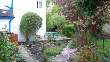 A garden with a stone pathway, a wooden fence, and a blue bench.