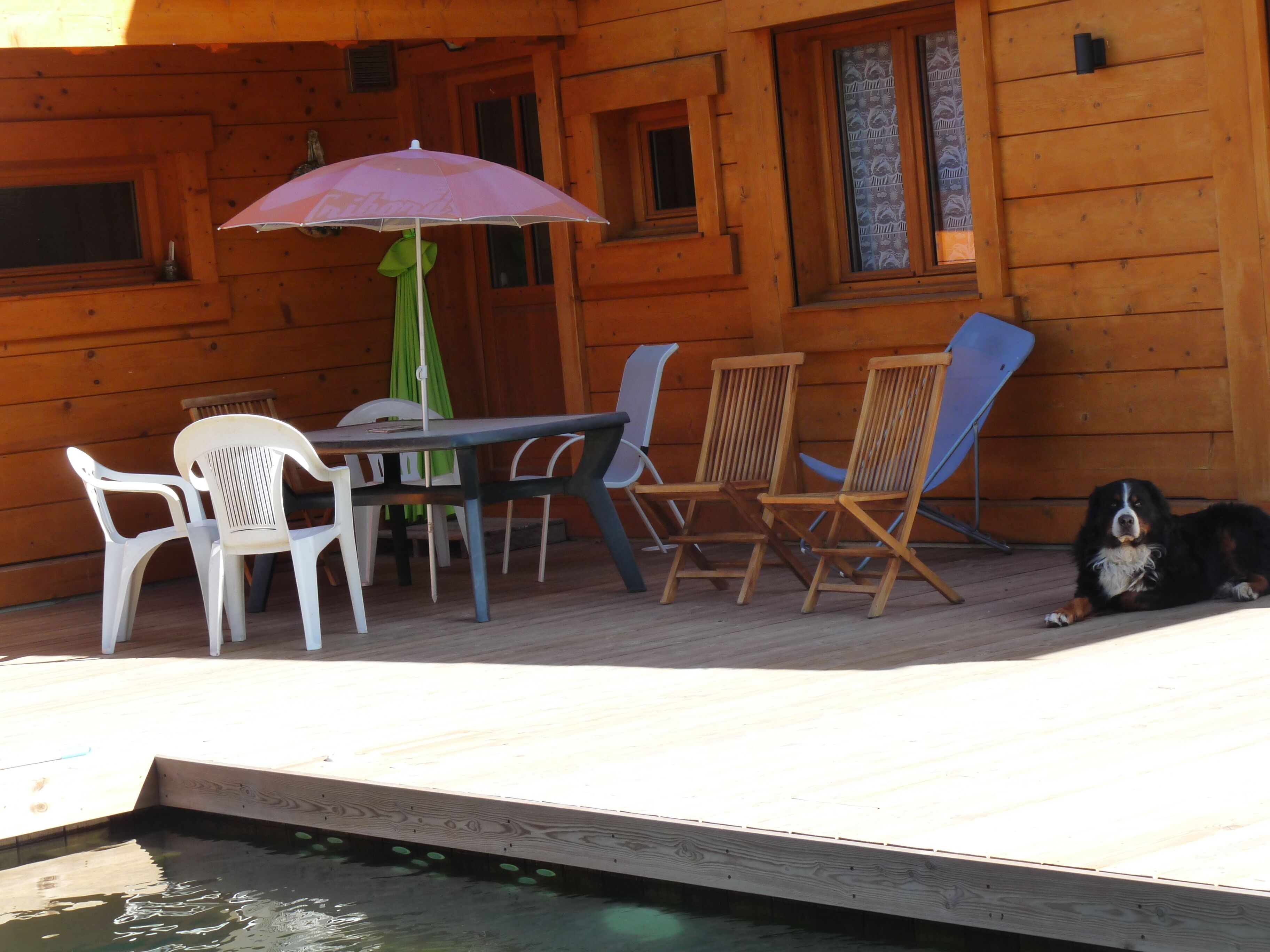 Une cabane en bois dotée d’un coin repas comprenant une table, des chaises et un parasol vert.