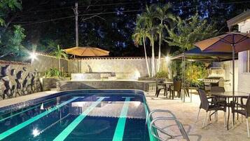 Outdoor pool, pool umbrellas, pool loungers