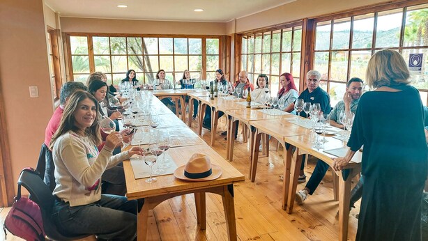 A group of people seated around a long wooden table in a room with large windows, participating in a wine tasting event. - Villa Miramar at Casa Marin Vineyards (Cartagena)