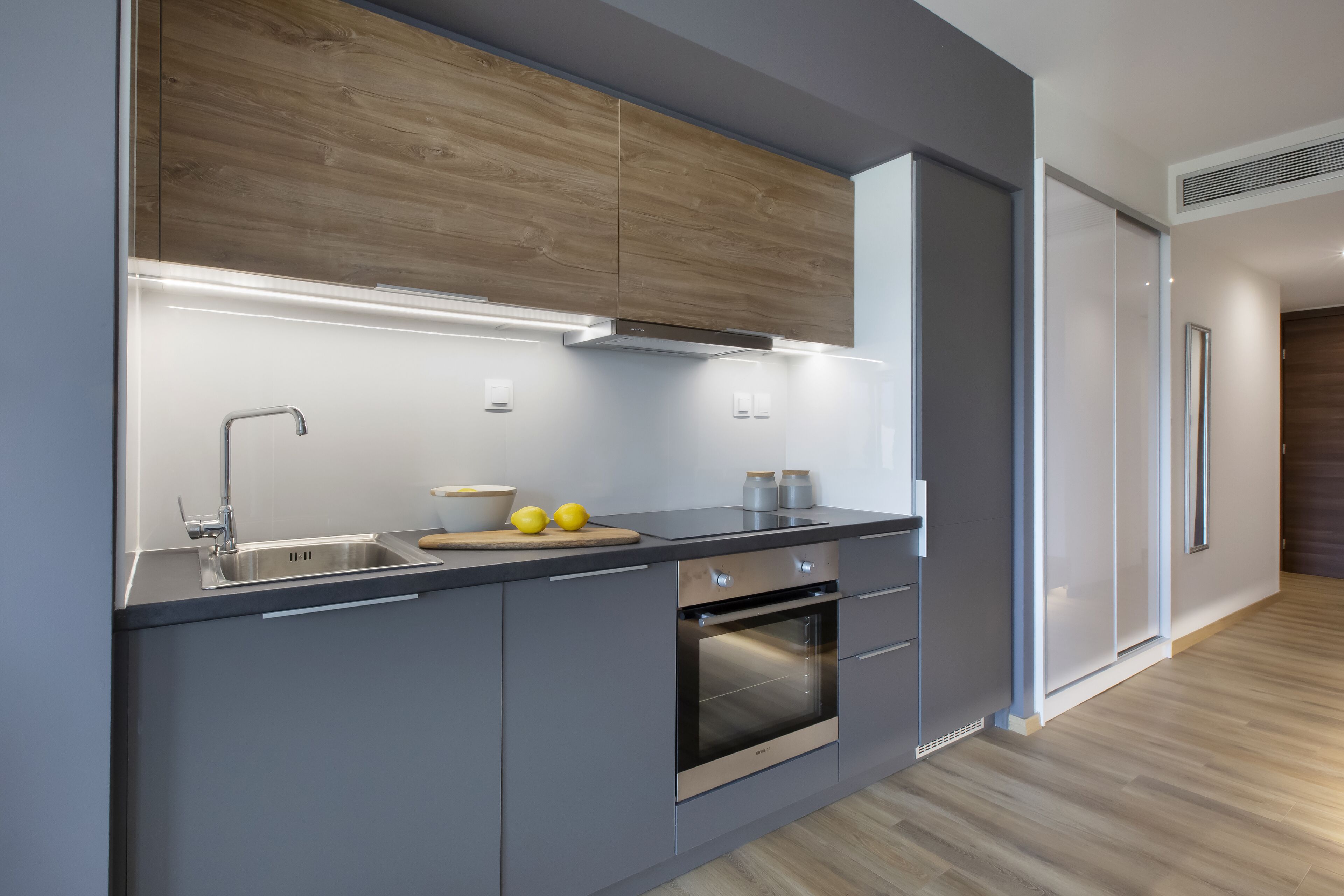 full-sized fridge, oven, stovetop, dishwasher