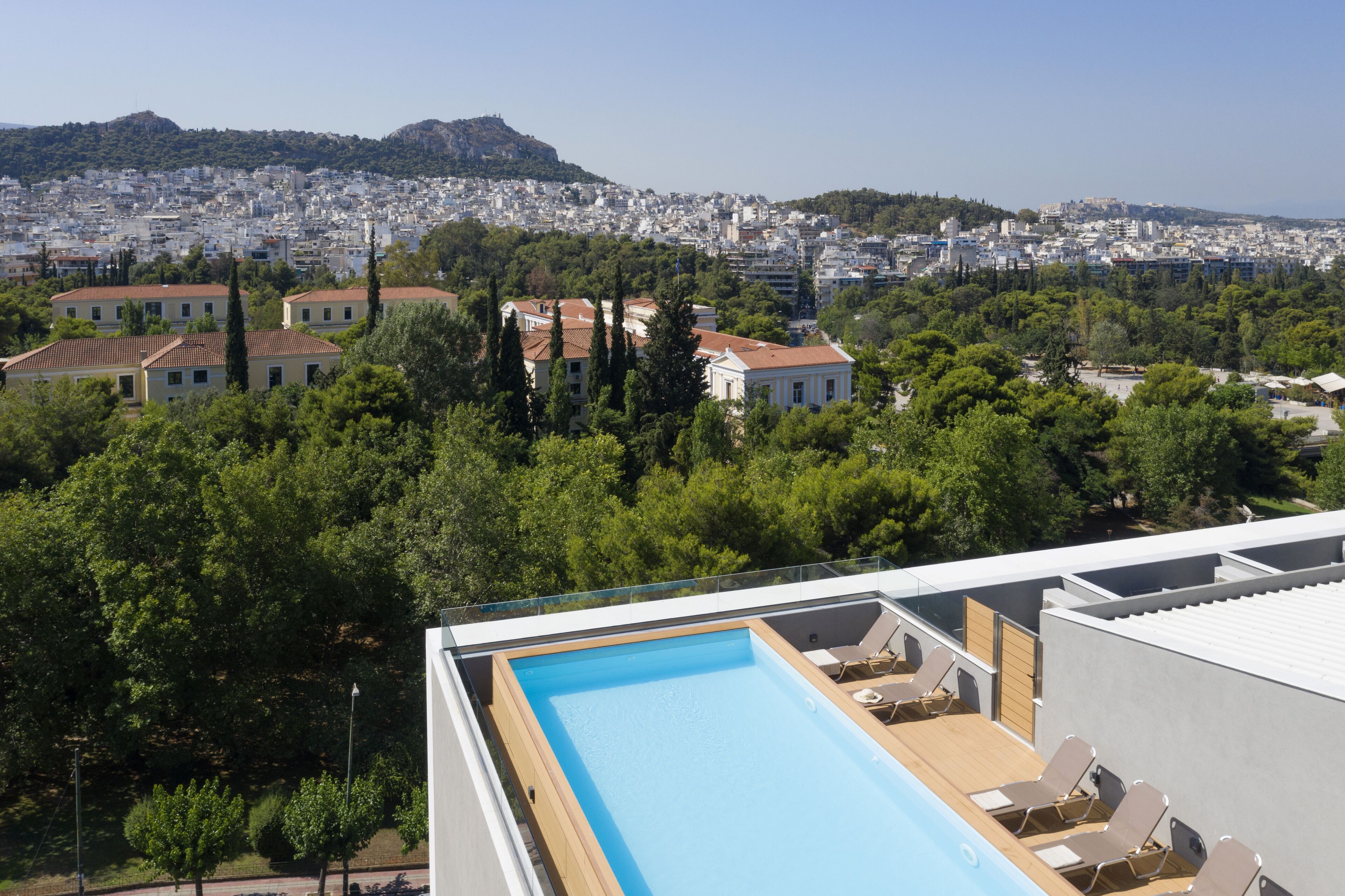 A rooftop pool with lounge chairs, surrounded by trees and buildings.