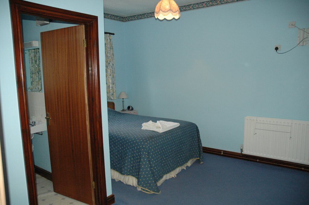 Una camera da letto con un letto, un termosifone, una porta e un lampadario.