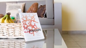 A modern living room with a glass coffee table, a book titled 'Guadeloupe', a wicker basket with bananas, and a bottle.