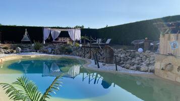 AuĂenpool, geöffnet von 08:00 Uhr bis 20:00 Uhr, Sonnenschirme