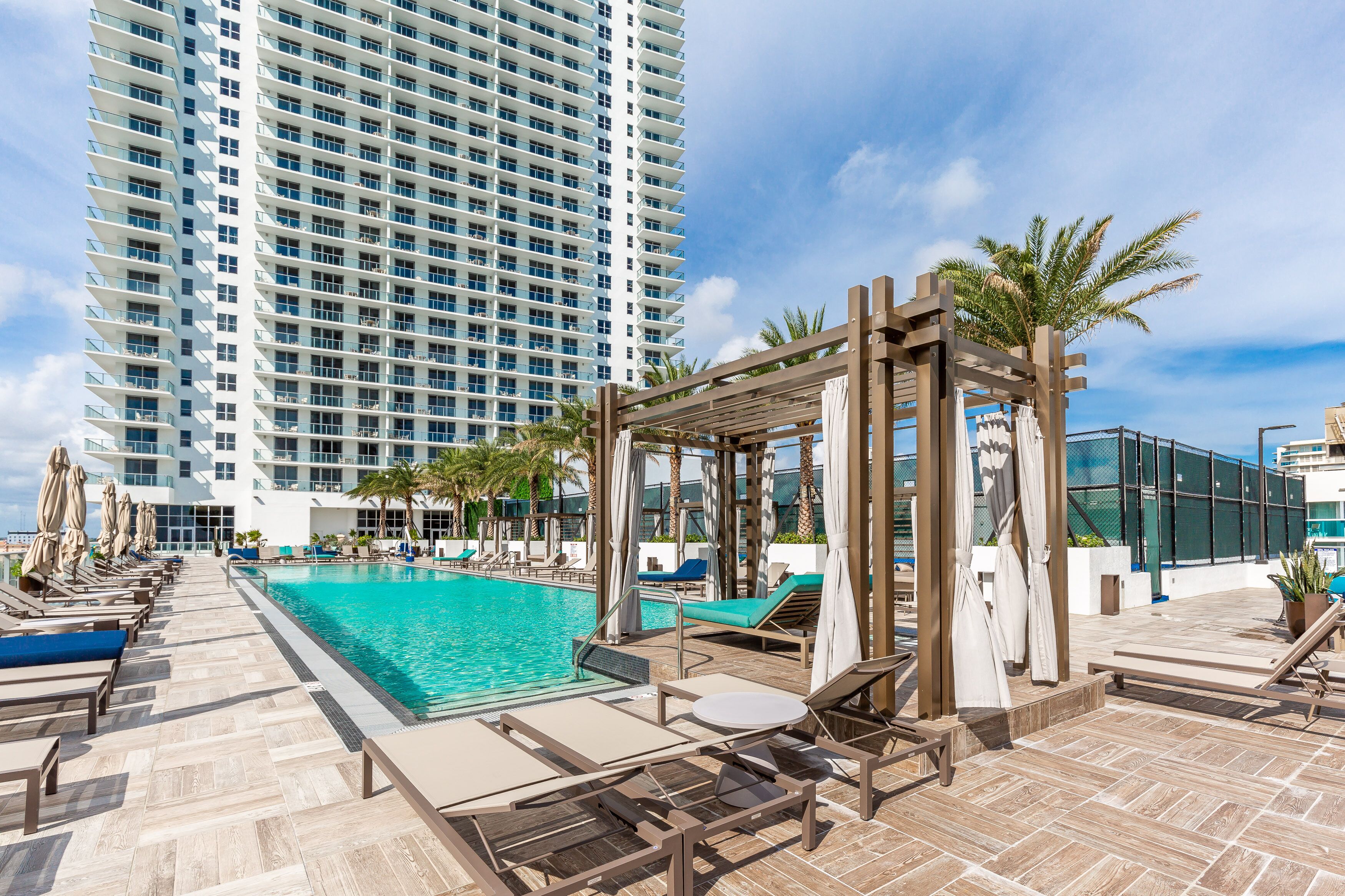 Outdoor pool, pool umbrellas, pool loungers