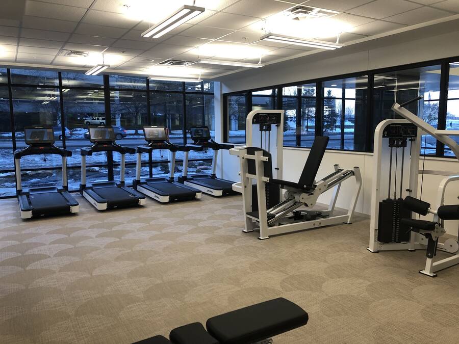 Un gimnasio con cintas de correr, máquinas de pesas y bancos.
