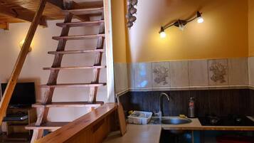 Fridge, microwave, stovetop, electric kettle