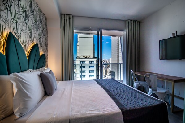 1 bedroom, desk, blackout curtains, iron/ironing board