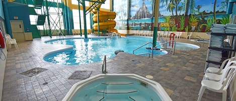 Indoor pool, open 9:00 AM to 10:00 PM, sun loungers