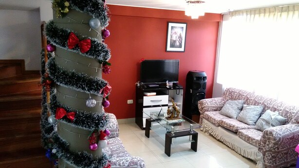 A living room with a Christmas tree, a sofa, a television, and a speaker. - Shanell House - Hostel (Cusco)