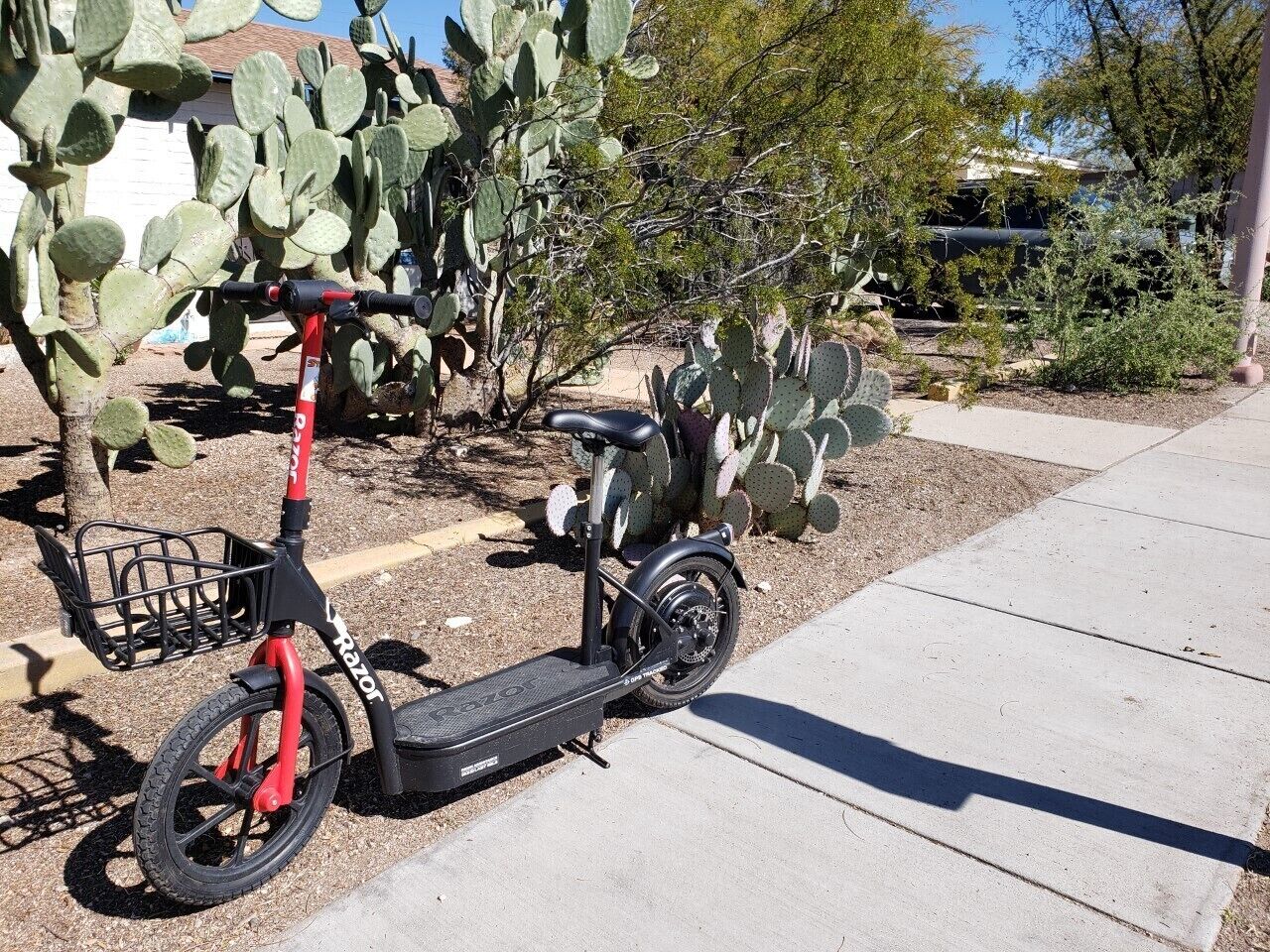 A stationary electric scooter parked on a sidewalk with cacti and a building in the background.