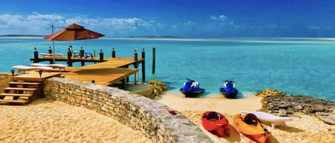 On the beach, sun-loungers, beach towels