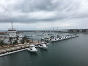Enjoy serene waterfront views from the marina, adjacent to a residential area with nearby boat management facilities.