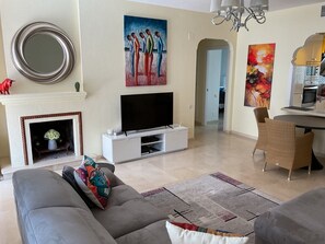 TV, fireplace, DVD player, books