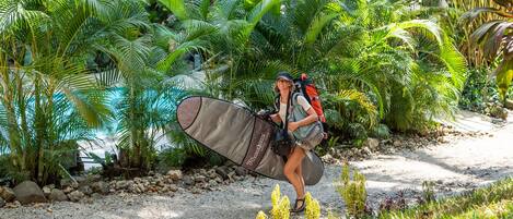 Une personne transportant une grande planche de surf et un sac à dos, marchant sur un chemin de gravier bordé d’une végétation luxuriante.