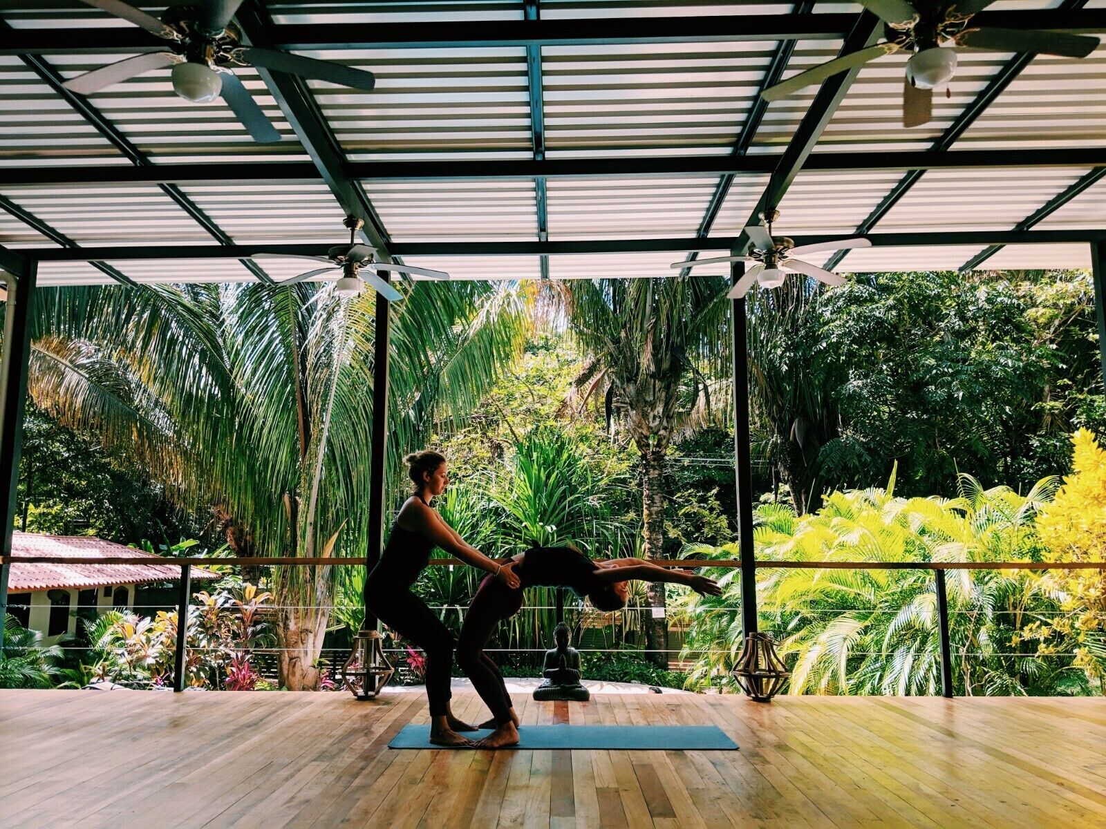 Un estudio de yoga con suelo de madera, un amplio ventanal con vistas a un jardín exuberante y ventiladores de techo.