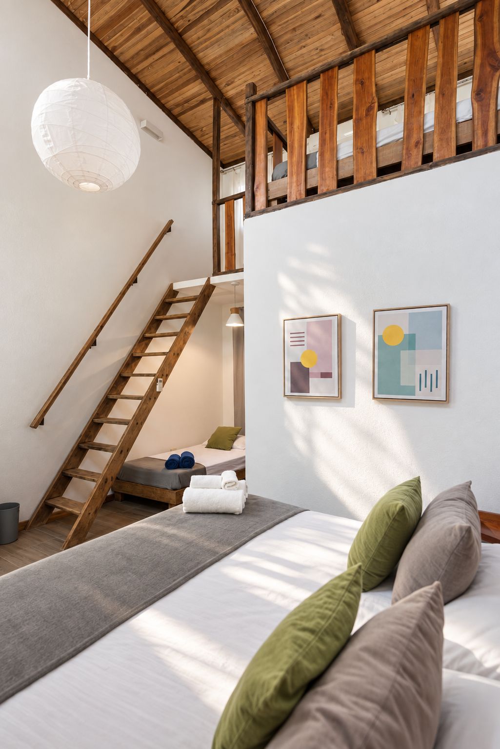 A bedroom with a wooden staircase, a bed with pillows, a hanging light fixture, and two framed abstract artworks on the wall.