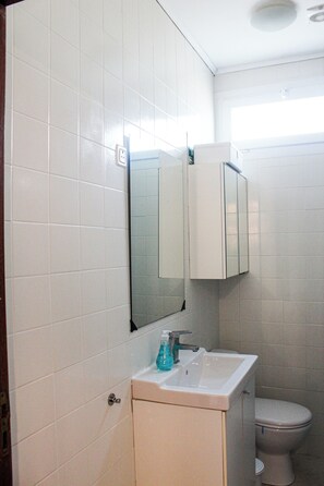 Shower, hair dryer, towels, toilet paper