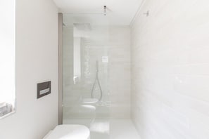 Shower, hair dryer, bidet, towels