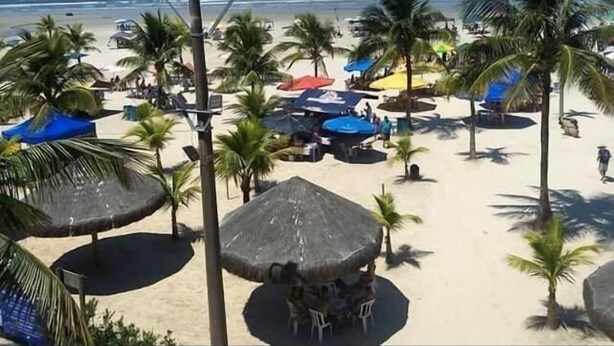 Une plage bordée de palmiers, avec des parasols et un ciel dégagé.