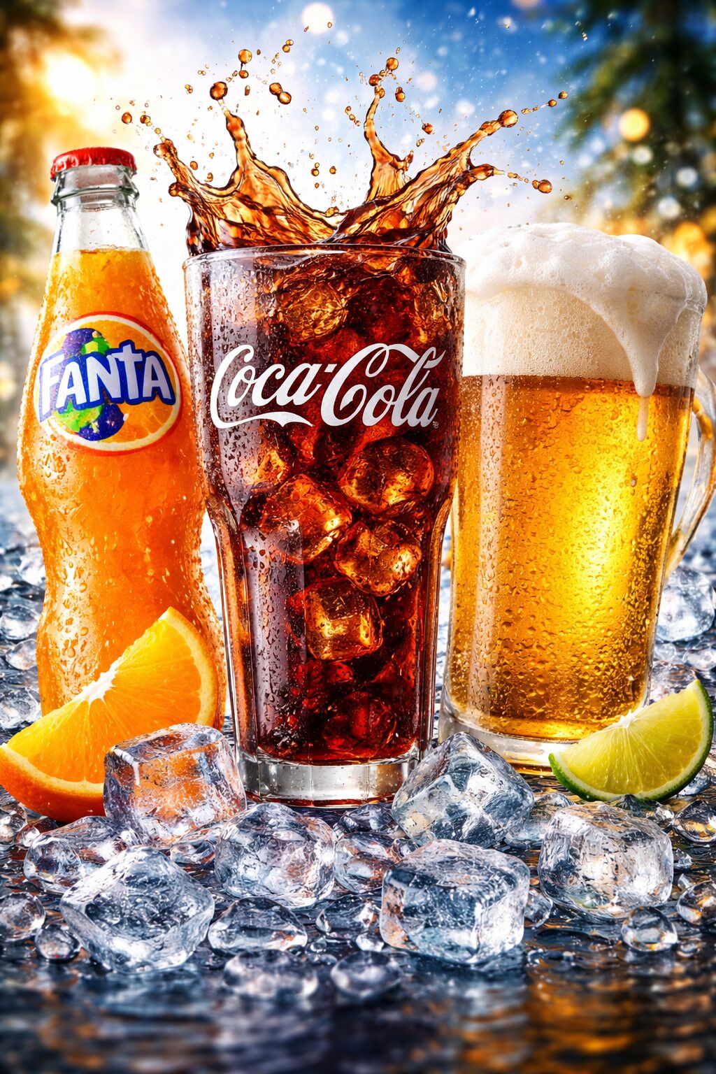 Drei Getränke: Fanta, Coca-Cola und Bier, mit Eiswürfeln und Zitronenscheiben.