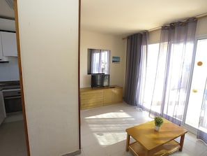 A compact living space with a kitchenette, a flat-screen TV, a wooden table with a plant, and a sliding glass door with curtains.