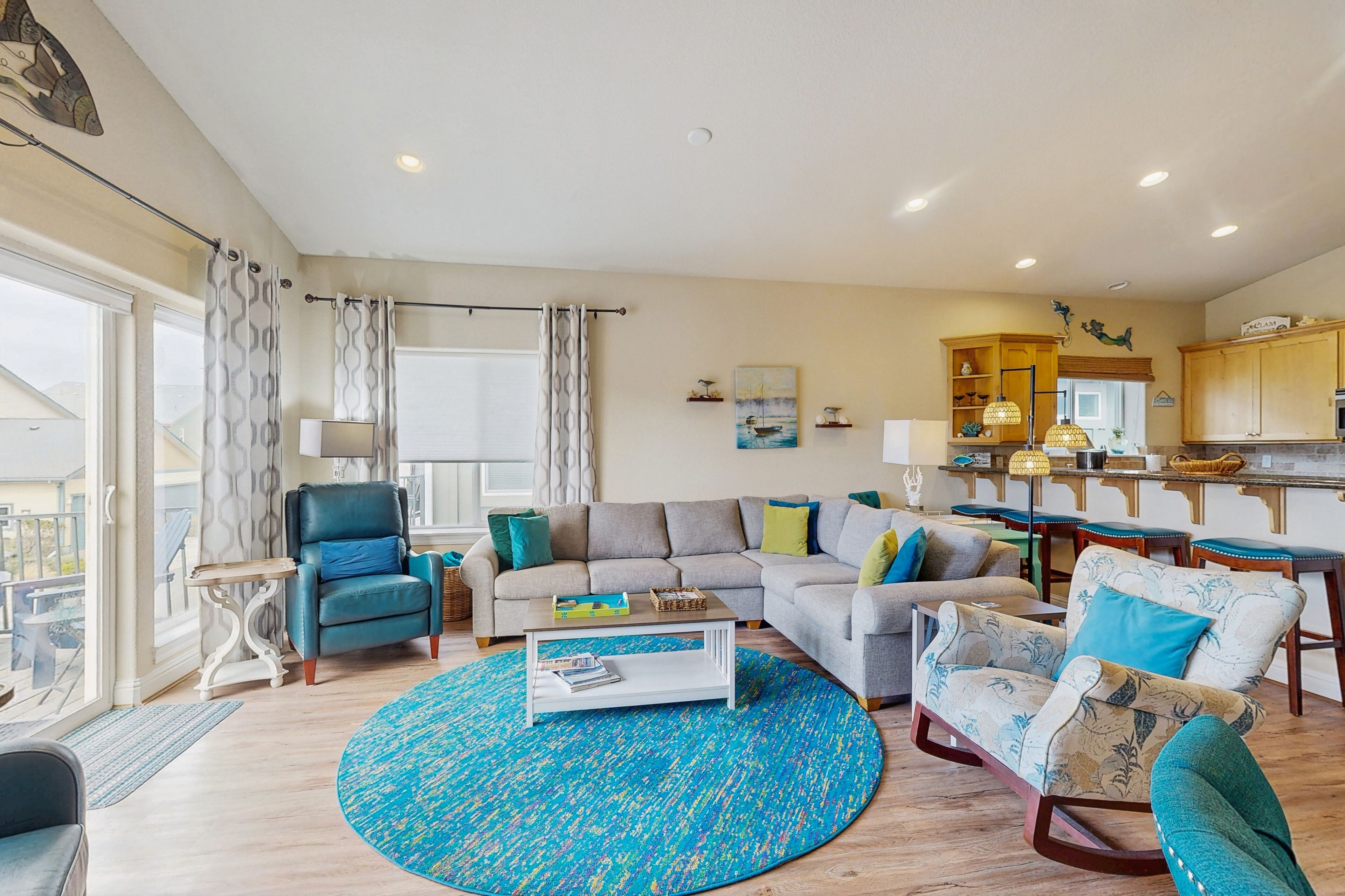 TV, fireplace, books