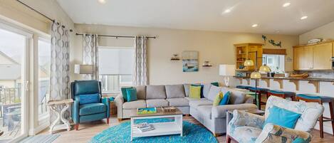 TV, fireplace, books