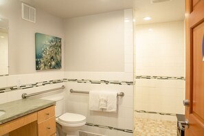 Shower, hair dryer, towels