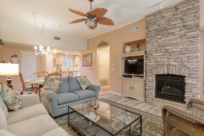 Flat-screen TV, fireplace, DVD player, stereo