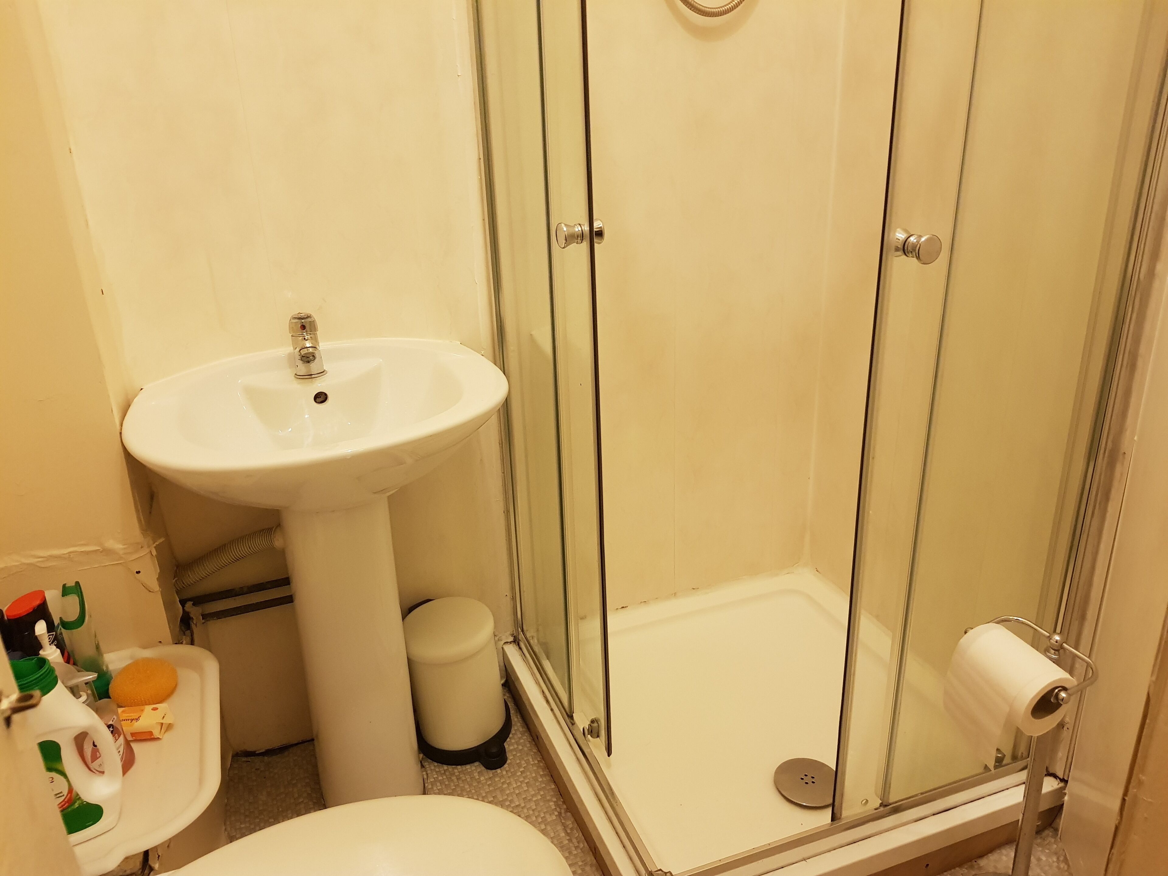 Hair dryer, towels, soap, toilet paper