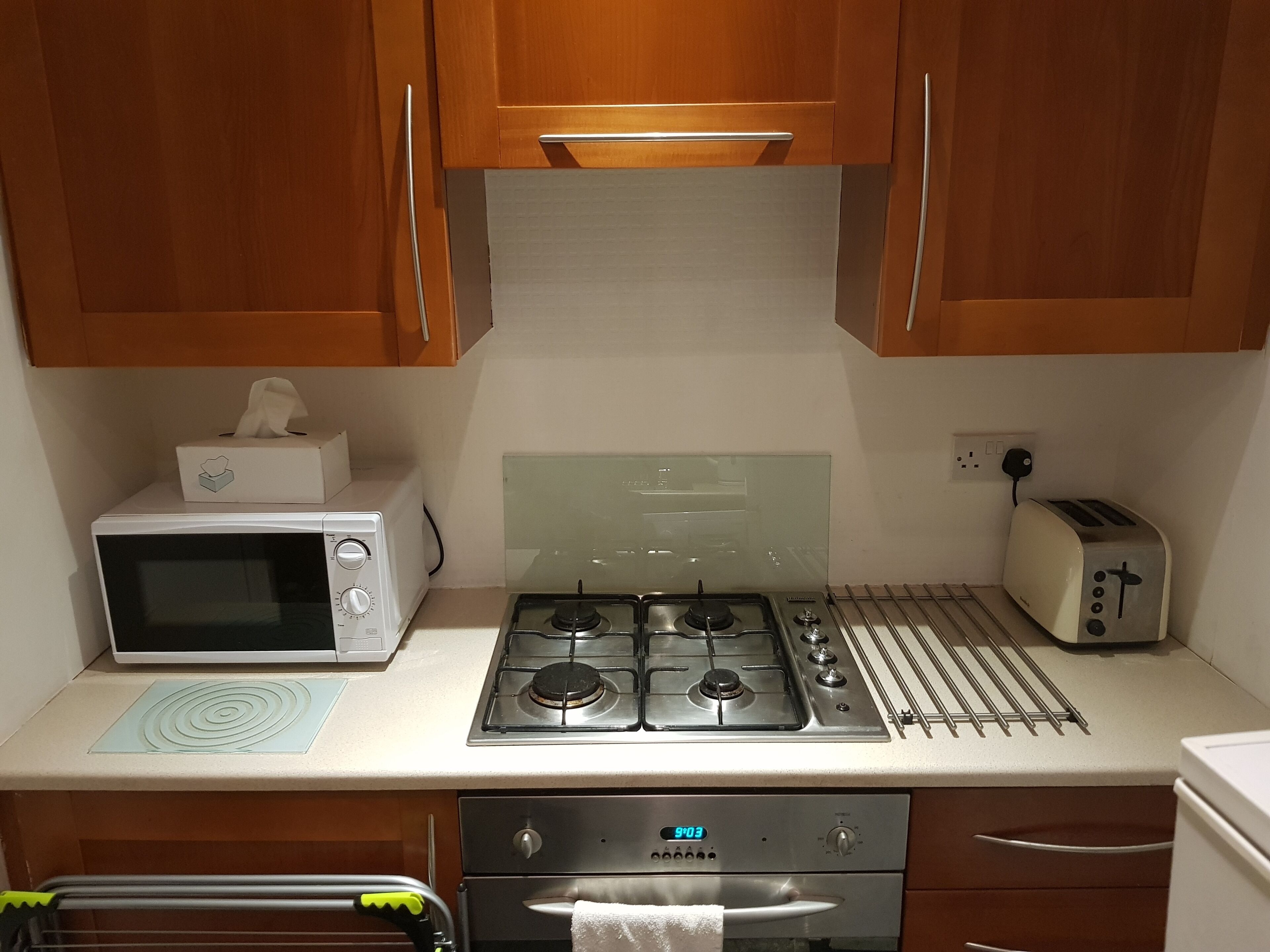 Fridge, microwave, oven, electric kettle