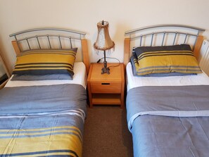 Two single beds with metal headboards, a bedside table with a lamp, and a wooden nightstand.