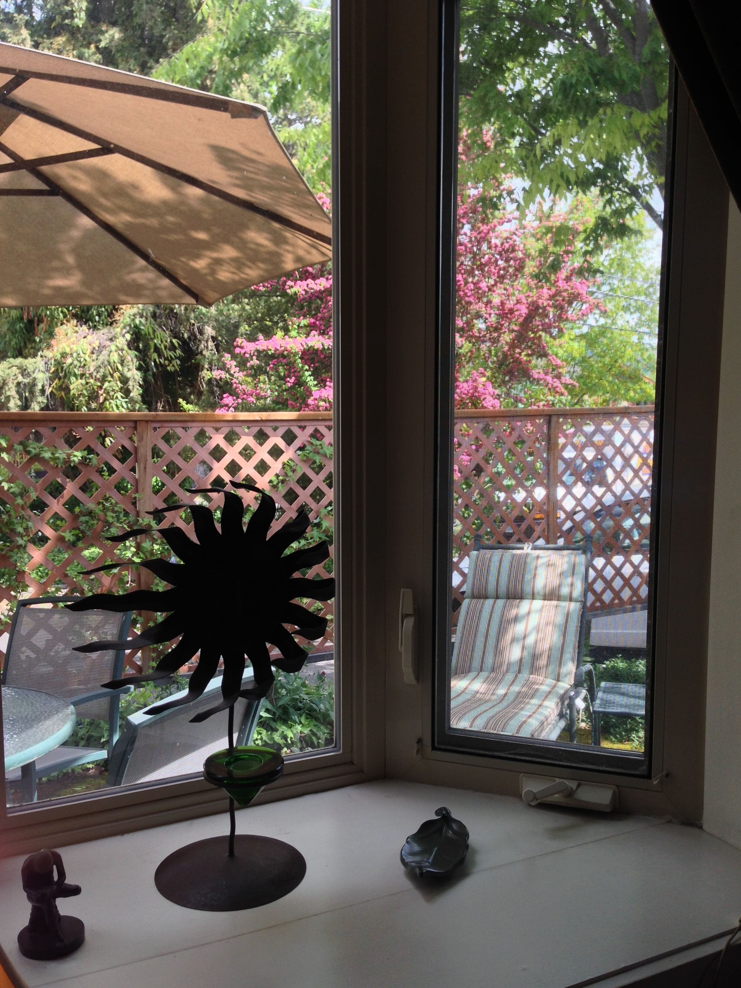 A room with a large window, a patio umbrella, and a view of a garden with pink flowers.