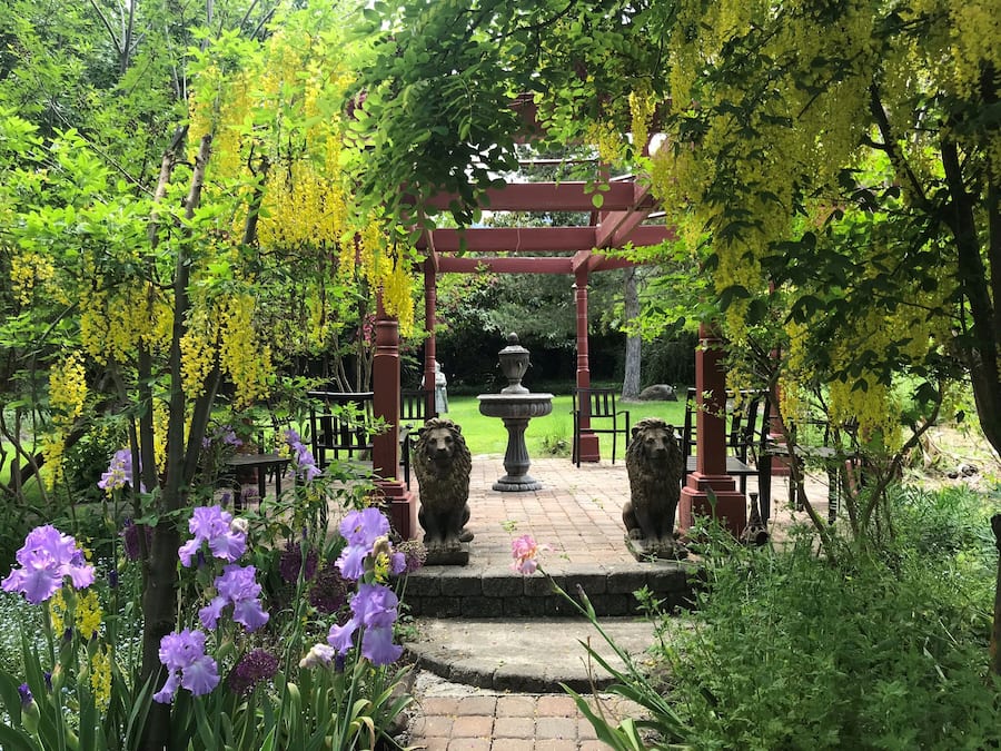 A garden with a red pergola, a stone fountain, and purple flowers.