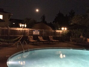 Seasonal outdoor pool, pool umbrellas, pool loungers