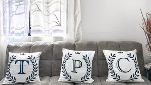 A grey sofa with three decorative pillows, a window with sheer curtains, and a wall with a shelf holding plants and a sign. - Purple Cottage, Hidden Gem near Hummingbird Beach (Soufriere)