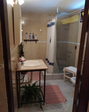 Chuveiro, secador de cabelo, toalhas de banho, sabonete