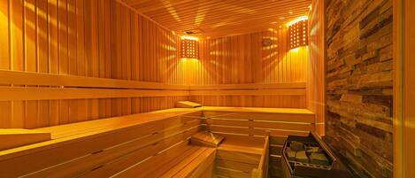 Eine Sauna mit Holzbänken und einer Steinwand.