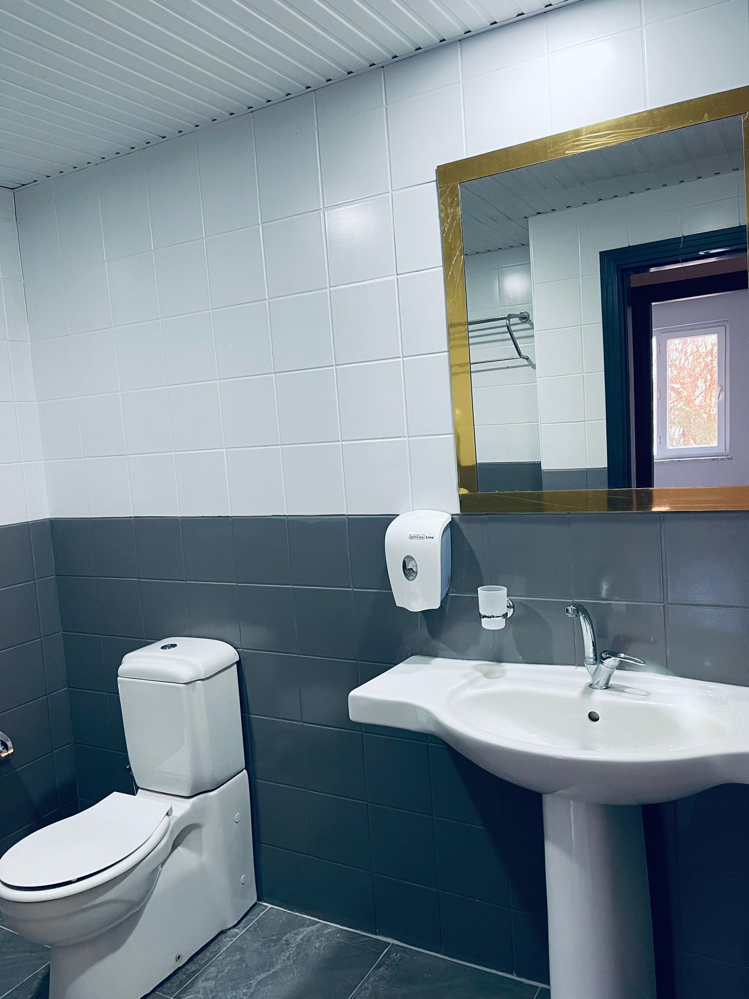Un baño con inodoro, lavamanos y espejo.