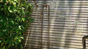 A metal showerhead with a hose, mounted on a wall with horizontal slats.