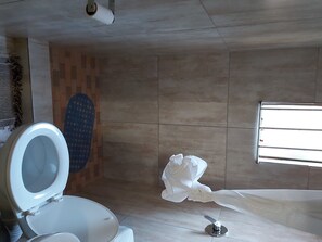 Ducha y bañera combinadas, toallas, jabón y papel higiénico
