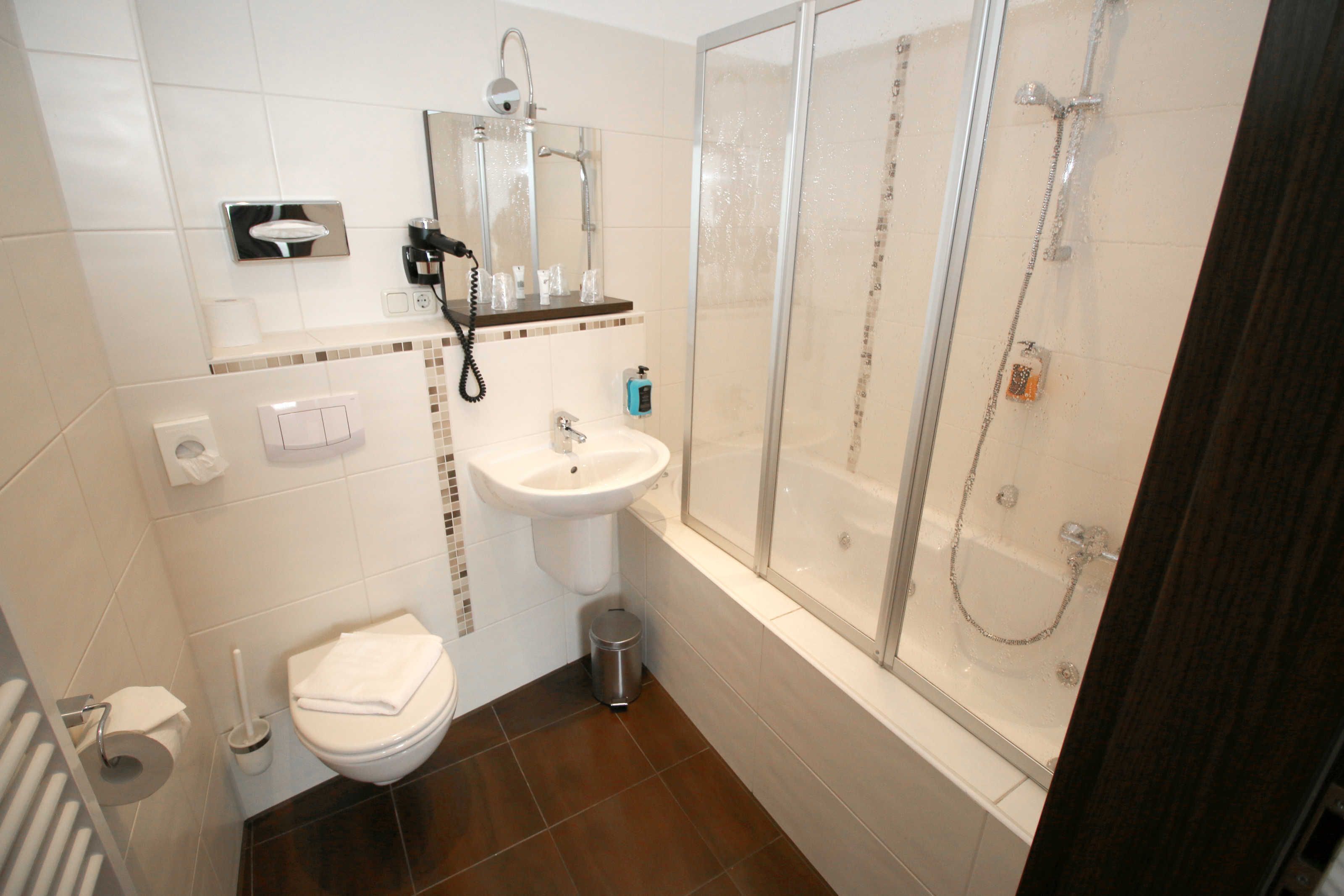 Secador de cabelo, toalhas de banho, sabonete, papel higiênico