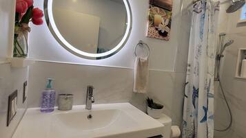 Combined shower/bathtub, hair dryer, towels, soap
