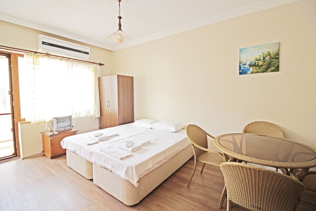 A bedroom with a bed, a television, a wardrobe, a dining table with chairs, and an air conditioning unit.