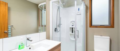 A modern bathroom with a glass-enclosed shower, a white sink, and a toilet.