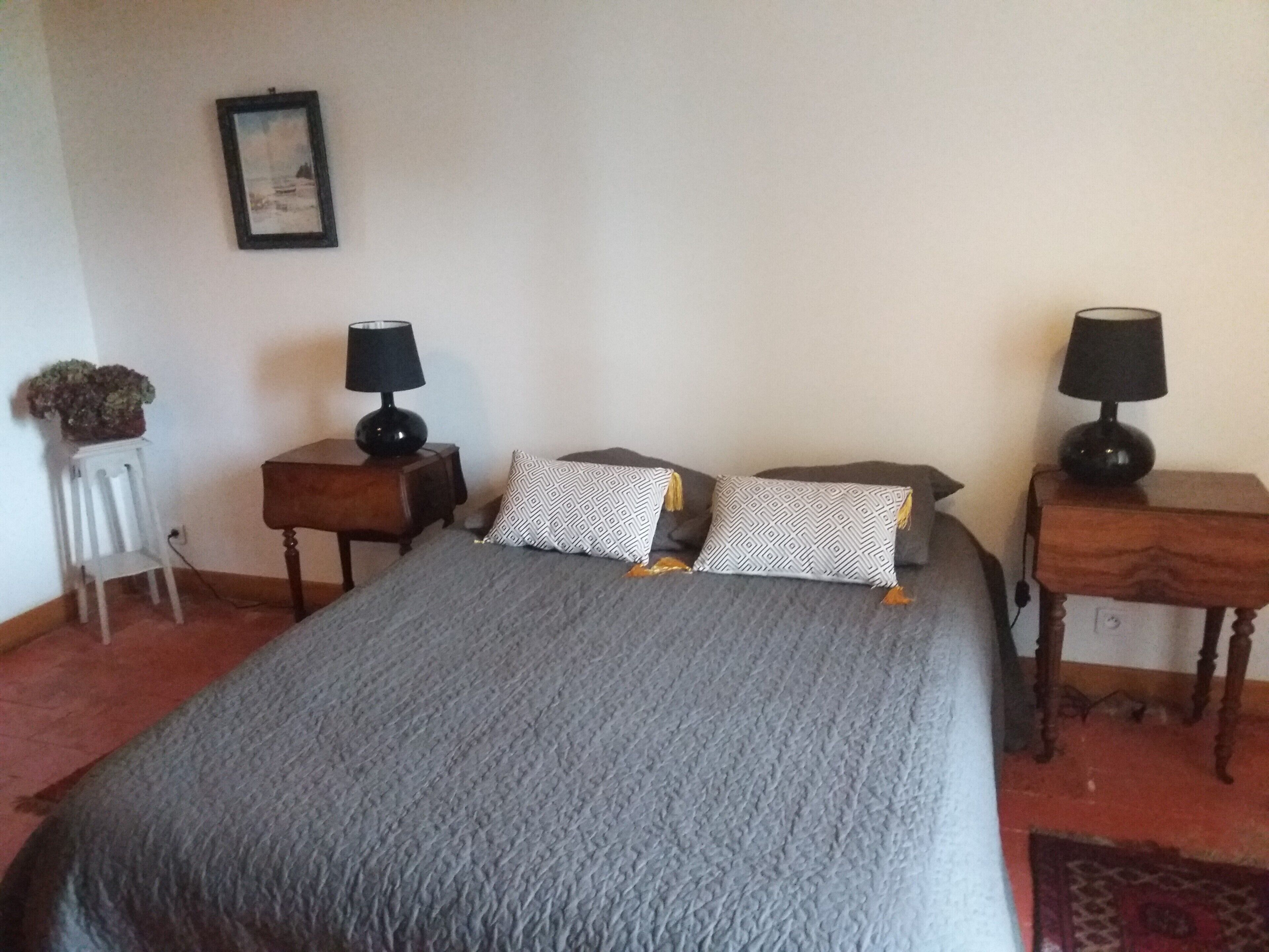 Un lit bien fait, recouvert d’une couverture grise, deux tables de chevet avec des lampes, et une petite plante en pot posée sur une chaise blanche.